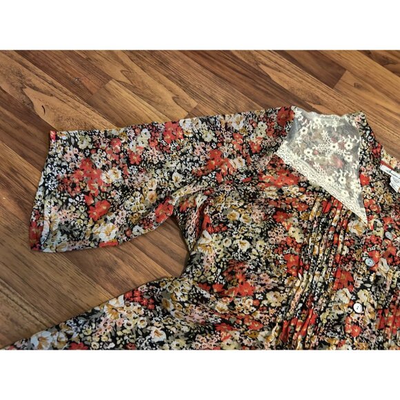 American Rag Cie Plus 2X Floral Boho Peasant Blouse Sheer Lace Yoke Button Front - Picture 9 of 15